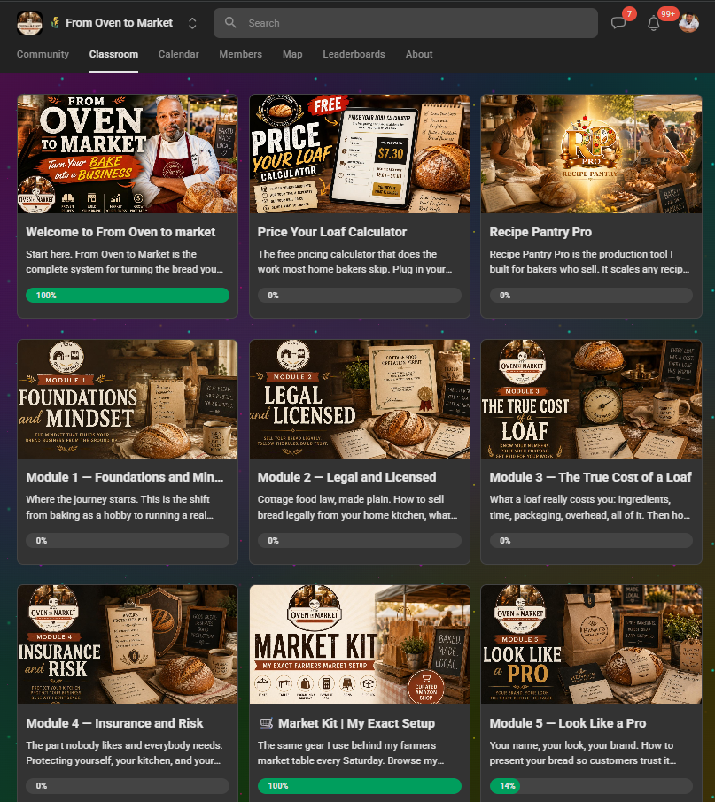 The new From Oven to Market Skool classroom showing polished module cards with branded artwork. Visible modules include the From Oven to Market course intro, Price Your Loaf Calculator, Recipe Pantry Pro, and the first five course modules: Foundations and Mindset, Legal and Licensed, The True Cost of a Loaf, Insurance and Risk, and the Market Kit.