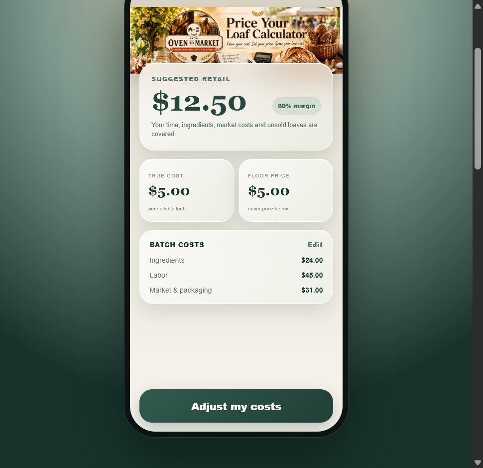 Three iPhone mockups side by side showing the Price Your Loaf native iOS app prototype: a live pricing dashboard with suggested retail and true cost, a cost entry sheet, and a first-launch experience with the tagline Perfection is not required. Progress is.