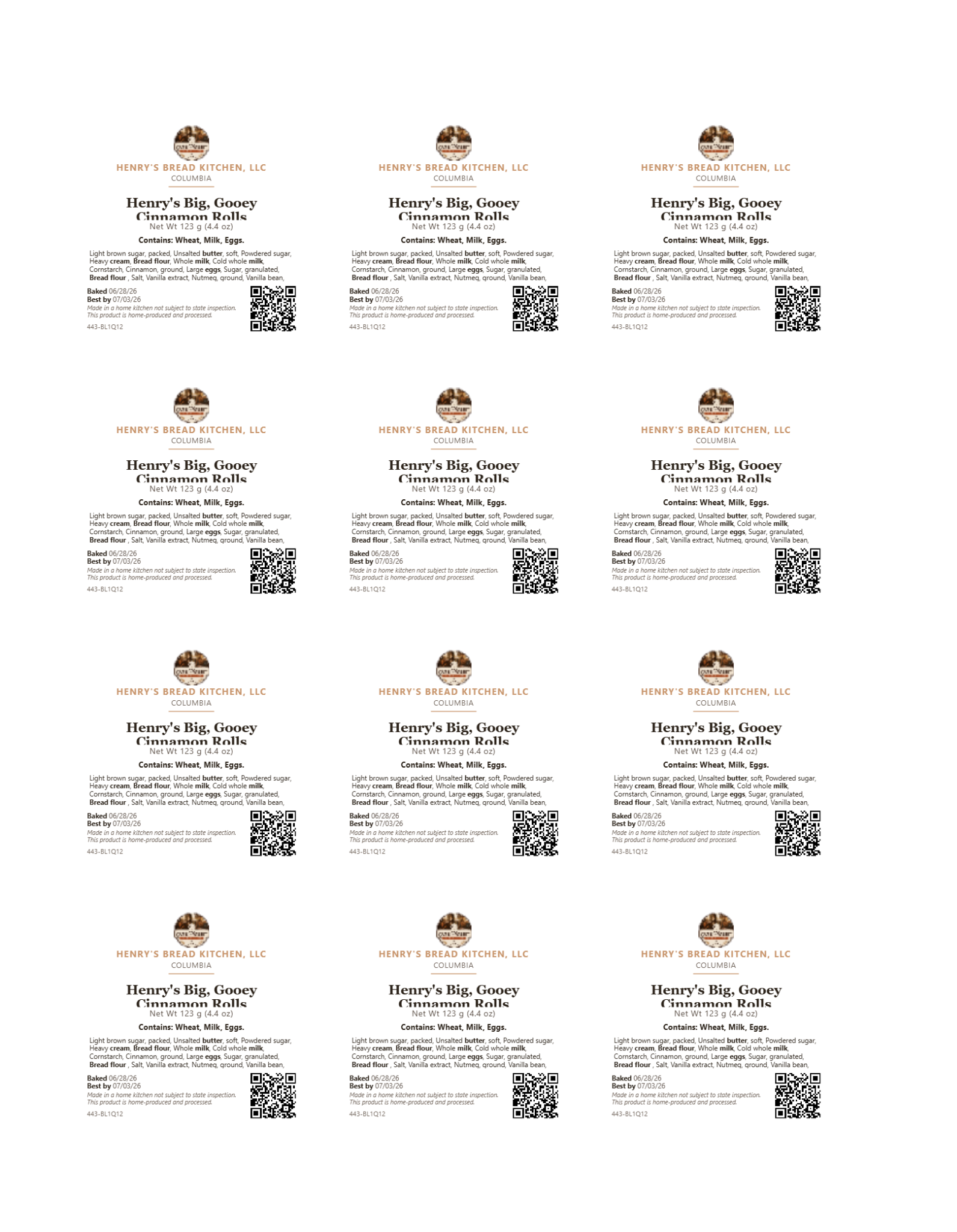 A full Avery sheet of twelve Henry's Big, Gooey Cinnamon Rolls labels in a four-by-three grid, ready to peel and apply.