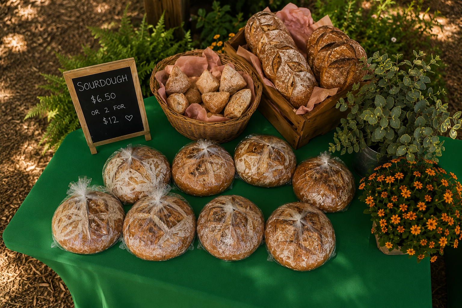 Henry's farmers market booth, overhead view. Sourdough loaves arranged on a green tablecloth with woven baskets, a chalkboard sign reading SOURDOUGH $6.50 or 2 for $12, eucalyptus and marigolds framing the table.