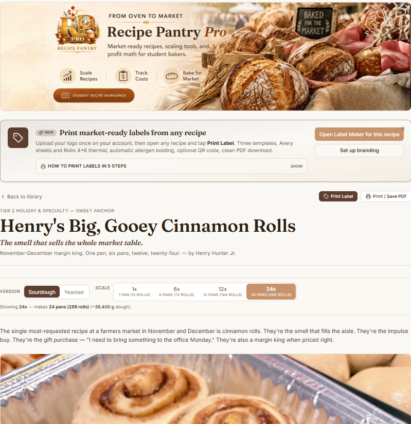 Recipe Pantry Pro catalog interface showing four recipe cards: My Market White, My Market Wheat, My Market Enriched, and Country Sourdough. Each card carries a 1X to 24X scaling badge.